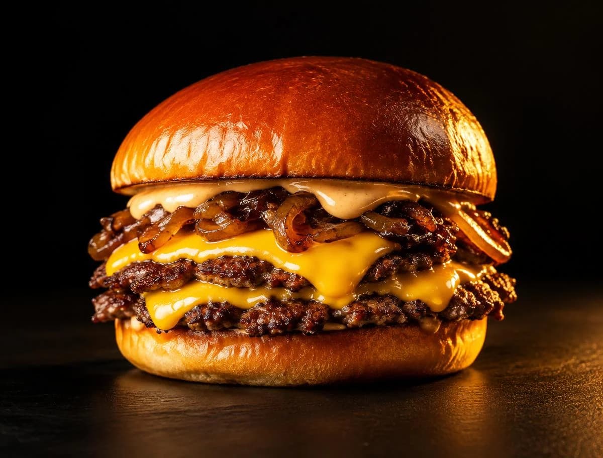 Imagen conceptual de una hamburguesa doble con cheddar y cebolla caramelizada