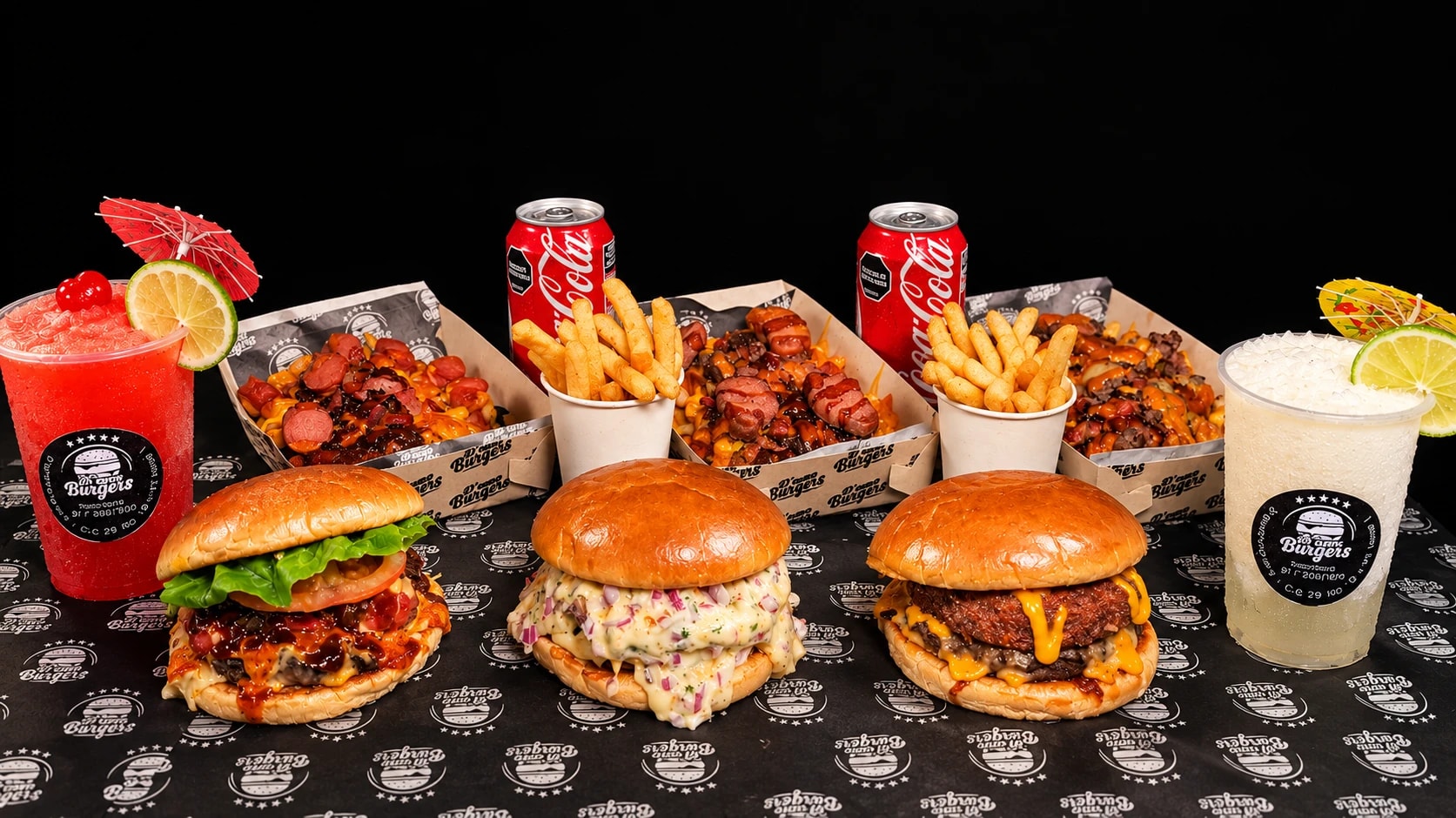Composición de hamburguesas, papas, salchipapas y bebidas de DomoBurgers para compartir
